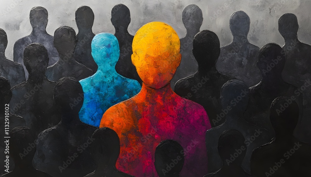 Poster abstract representation of individuality amidst a crowd, showcasing a vibrant figure surrounded by s