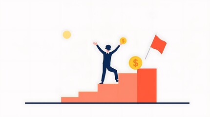 Obraz premium Climbing the Ladder of Success: A stylized illustration of a businessman ascending a staircase towards financial prosperity, symbolizing ambition, achievement, and the pursuit of wealth.