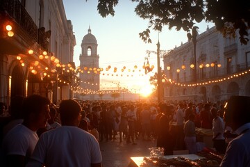 Vibrant fiesta at sunset with people celebrating in a lively plaza filled with decorative lights...