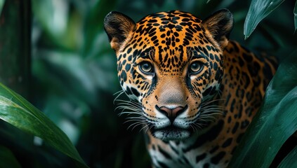 Fototapeta premium Jaguar Peering Through Jungle Foliage