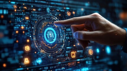 Fototapeta premium Human fingers touch AI icons, artificial intelligence