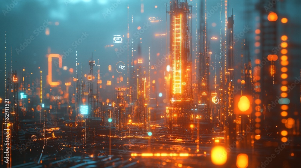 Poster a futuristic cityscape with glowing digital elements and structures.