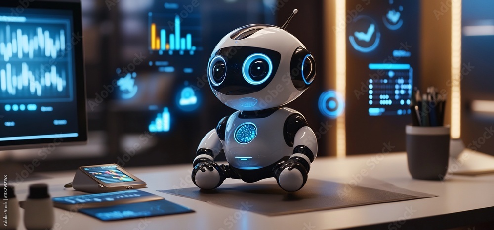 Poster A futuristic robot sits on a desk surrounded by digital data displays.