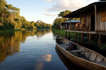 Obraz premium Tranquil riverside village in the Amazon rainforest at sunset with a wooden boat moored nearby