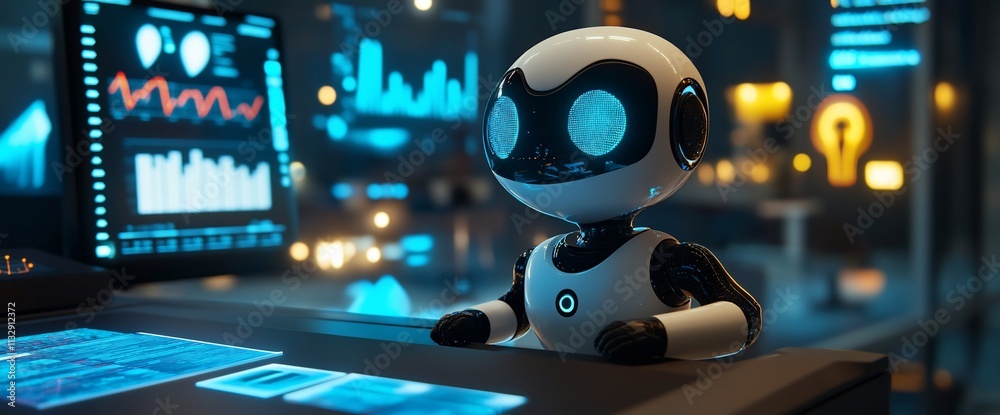 Aufkleber A futuristic robot interacting with data displays in a high-tech environment.