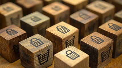 Fototapeta premium Wooden Blocks Engraved with Shopping Bag Symbols on a Table