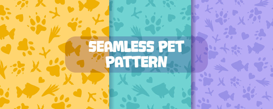 Set of seamless patterns and backgrounds with paw prints, hearts, fish. Abstract vector illustration for pet shop websites and prints, social media posts, animal product design