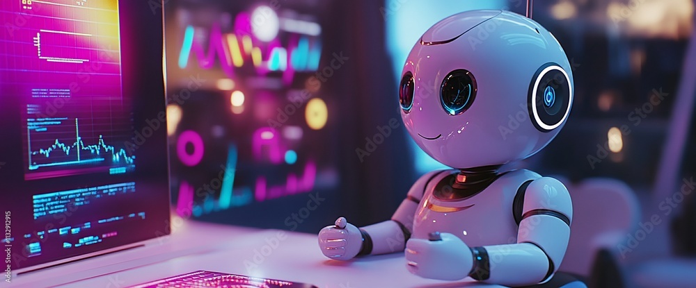 Poster A futuristic robot sitting at a desk, analyzing data on a computer screen.
