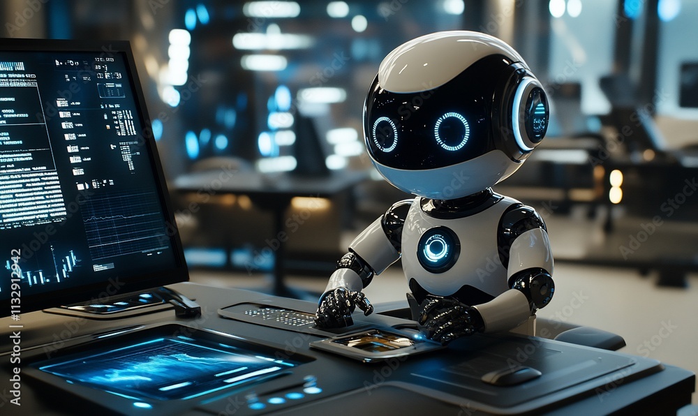 Aufkleber A futuristic robot operating a high-tech computer in a modern workspace.
