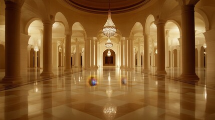 Fototapeta premium Elegant interior of a grand hall with chandeliers and polished marble floors.