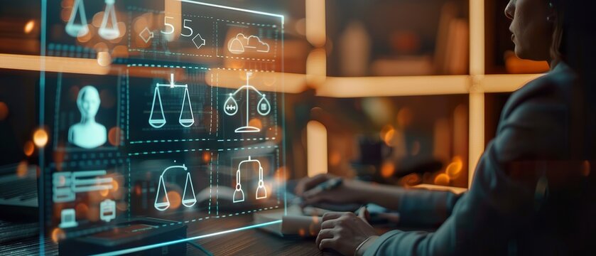 Online Legal Consultation for Companies: Lawyer using Digital Legal Icons on Screen