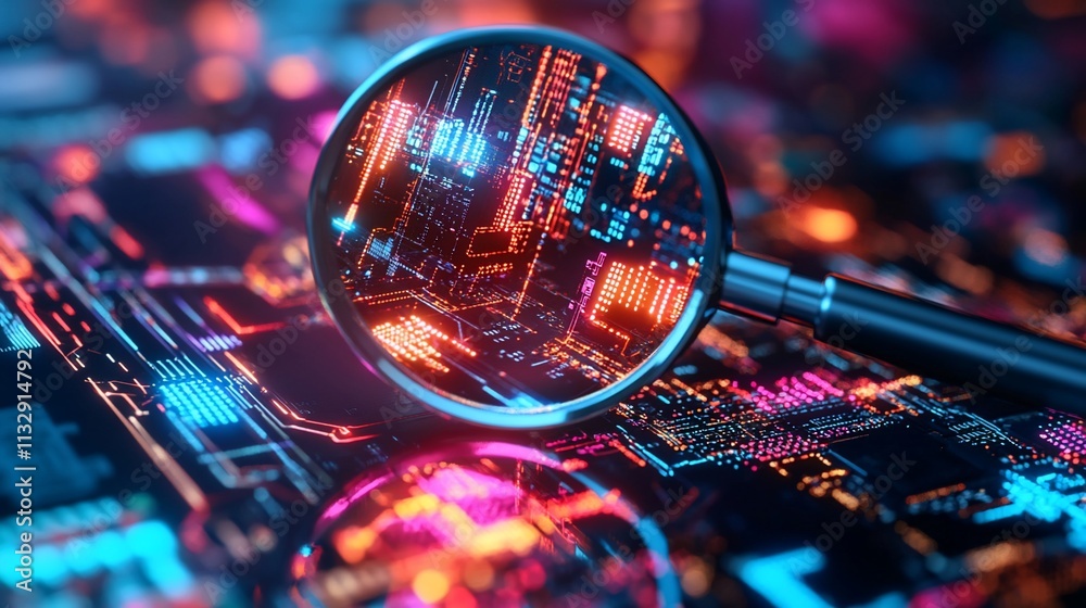 Poster a magnifying glass over a colorful circuit board design, symbolizing technology.