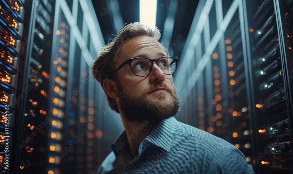 Poster a man in glasses stands in a server room, surrounded by illuminated servers.