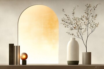 Elegant minimalist interior design featuring a vase and decorative elements with warm lighting