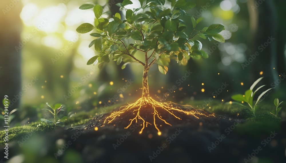 Poster lush green tree emerging from vibrant roots with glowing energy in a serene forest setting, capturin
