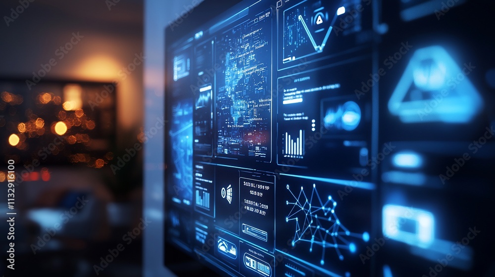 Poster Futuristic digital dashboard display on a screen showing data analytics and graphs in a modern home setting.