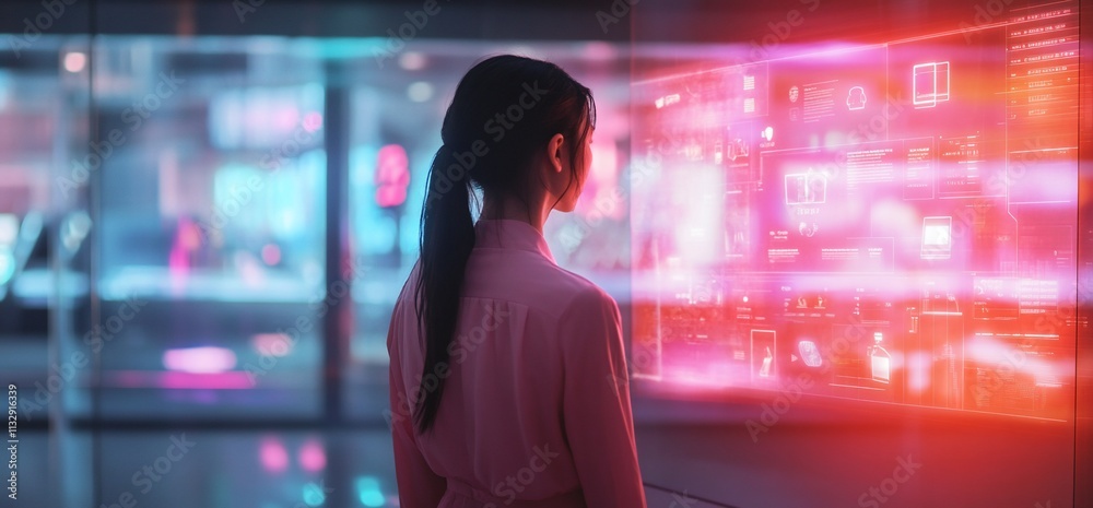 Poster a person interacts with a futuristic digital interface in a modern setting.