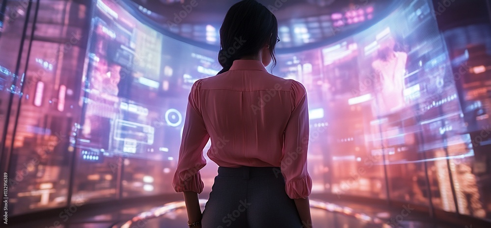 Poster A person observes a futuristic digital interface filled with data visuals.