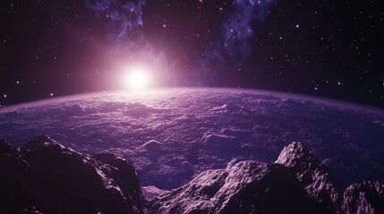 A realistic portrayal of Earth from space, illuminated by city lights and natural phenomena. The dark side of the planet contrasts with the bright patches of light, showcasing human habitation and the