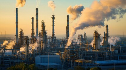 Fototapeta premium A dramatic, detailed view of an industrial oil refining process in a large plant