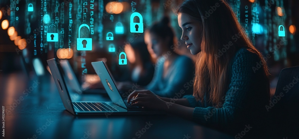 Poster a person working on a laptop with digital security symbols in the background.