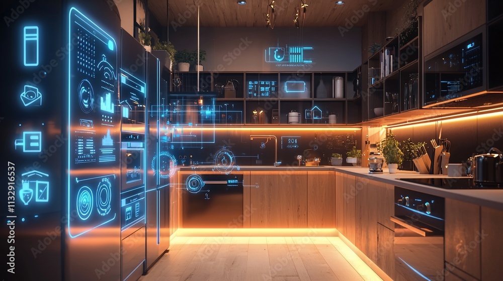 Poster smart kitchen with holographic interface showing appliance controls and data.