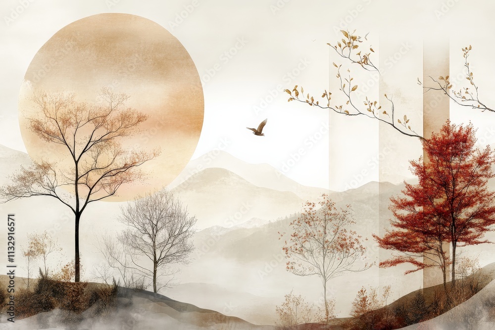 Wall mural Serene landscape with autumn trees and a setting sun illuminating distant mountains