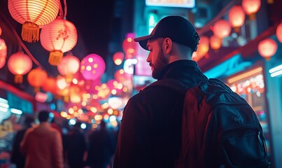 Fototapeta premium A person exploring a vibrant street adorned with lanterns at night.