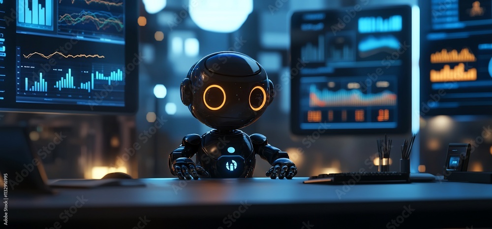 Aufkleber a robot sits at a desk surrounded by data screens, analyzing information.