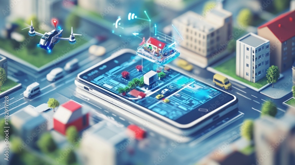 Poster a smartphone displaying a smart city model with drones and buildings.