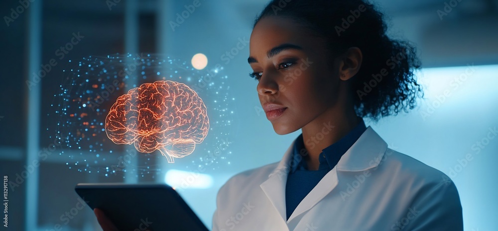 Poster A scientist analyzing data with a holographic brain display.