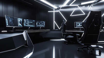 A minimalist gaming cafe design featuring sleek black furniture, modern monitors, and ambient lighting creates a futuristic atmosphere for gamers