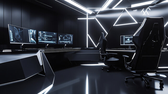 A minimalist gaming cafe design featuring sleek black furniture, modern monitors, and ambient lighting creates a futuristic atmosphere for gamers