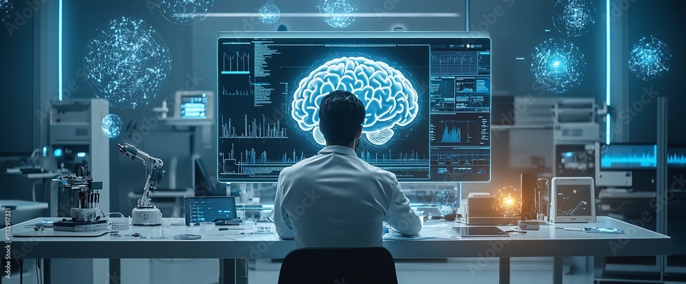 Poster A researcher analyzes brain data on a futuristic computer interface.