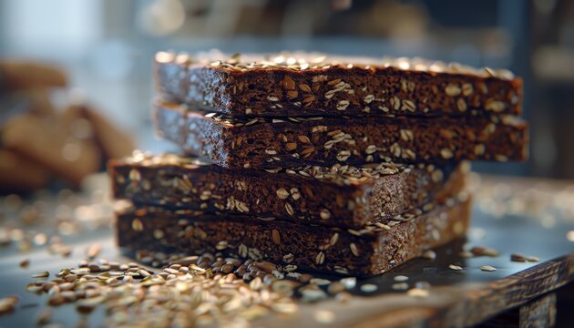 A stack of four slices of freshly baked multigrain bread with seeds scattered around on a wooden surface. - Powered by Adobe