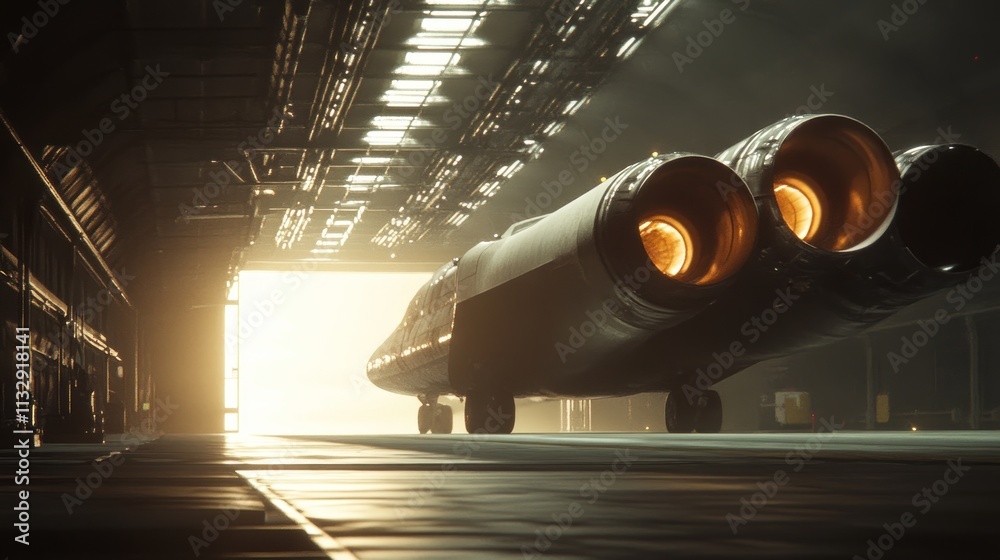 Poster a spacecraft with glowing engines emerges from a hangar, illuminated by sunlight.