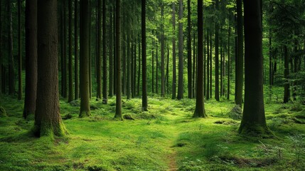 Obraz premium A serene forest scene with tall trees and lush greenery, inviting tranquility and reflection.