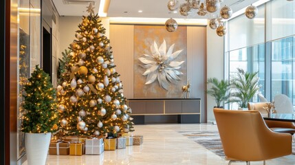 Elegant Lobby with Christmas Tree and Holiday Decor