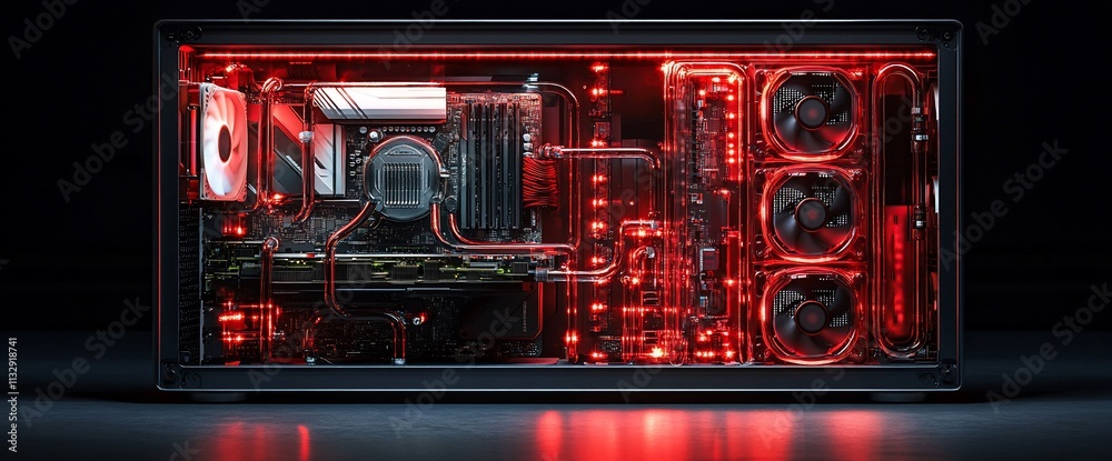 Poster A sleek, illuminated computer case showcasing advanced cooling and hardware.