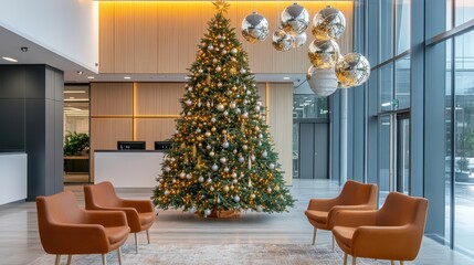 Elegant Christmas Tree in Modern Lobby Setting