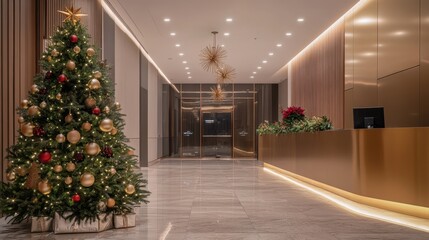 Elegant Modern Lobby with Christmas Tree Decor