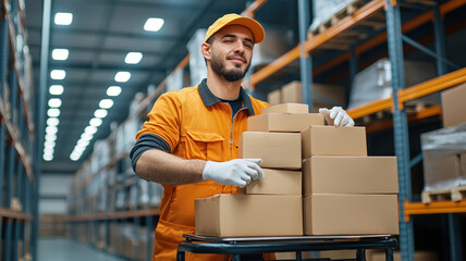 Efficient warehouse worker stacking parcels on trolley in storage facility. organized environment highlights productivity and teamwork in logistics
