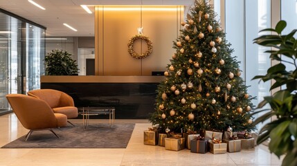 Stylish Christmas Lobby Decor with Tree and Gifts