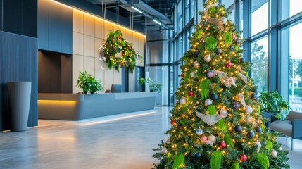 Modern Office Christmas Tree with Festive Decorations