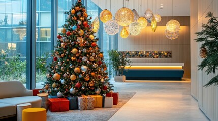 Festive Christmas Tree in Modern Lobby Decor