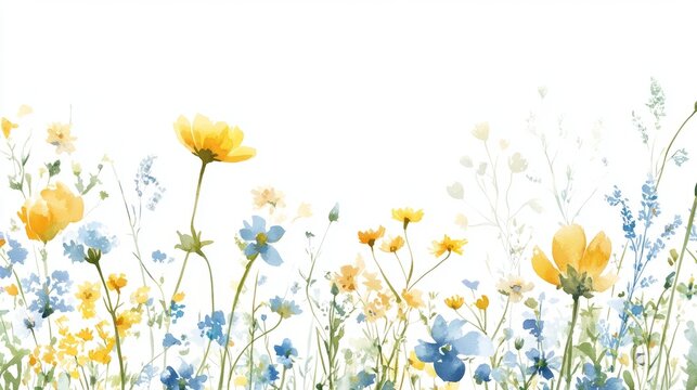 A delicate watercolor wildflower border in cheerful yellow, calming blue, and pure white tones on a crisp white background