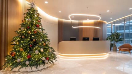 Modern Reception Area with Festive Christmas Tree