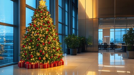 Elegant Christmas Tree in Modern Office Lobby