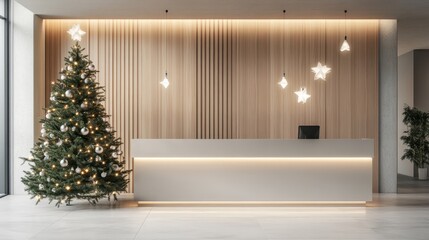 Modern Reception Area with Christmas Tree and Decorations