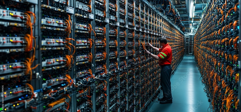 Poster A technician working in a data center surrounded by servers and cables.
